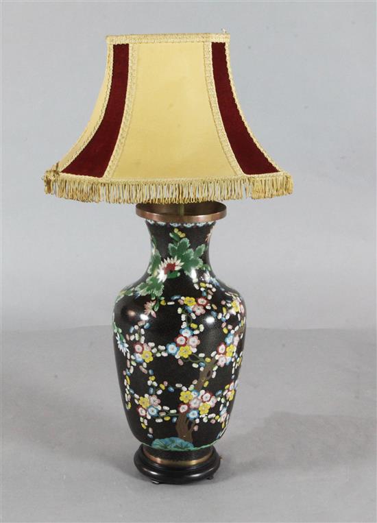 A Japanese cloisonne black ground vase, decorated with colourful prunus blossom, fitted as a table lamp height 51cm